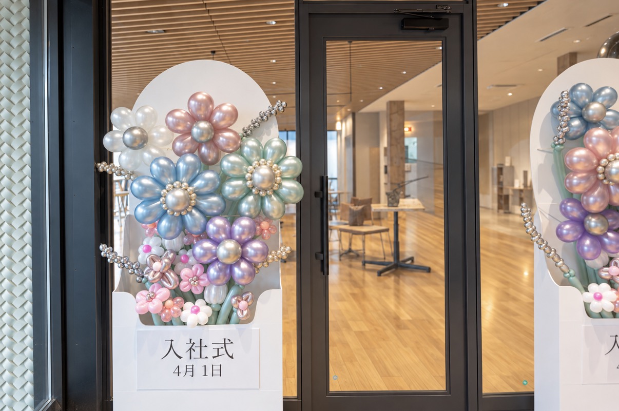 建物の入口の両側に置いた、花の形のバルーンを飾ったパネル
